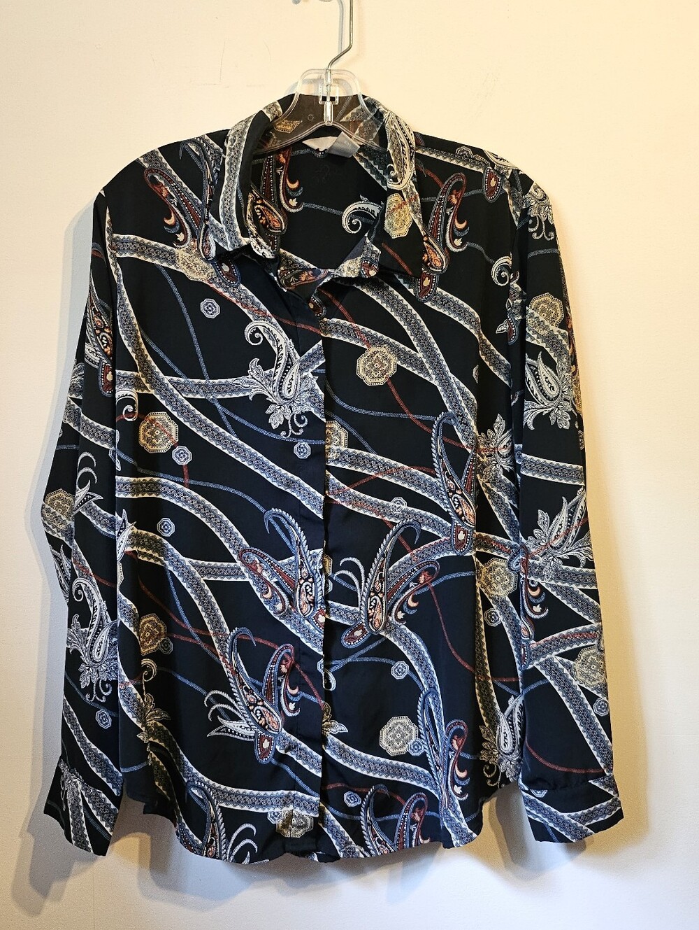 H&M Navy Paisley Long Sleeve Blouse Size 10 Office Workwear Quiet Luxury